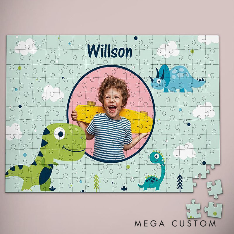 Personalized Dinosaur Adventure Puzzle with Custom Name and Photo Perfect for Fun and Educational Playtime Kid Photo Puzzle