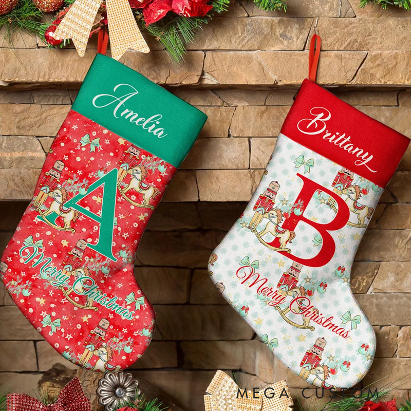 Personalized Christmas Tree Multiple Pattern Nutcracker Stocking with Name and Initial Christmas Gift for Kids