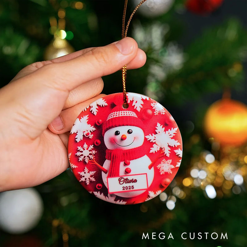 Personalized Faux 3D Snowman Snowflake Ceramic Ornament with Name and Year Christmas Tree Home Decor Holiday Gift for Family Kids