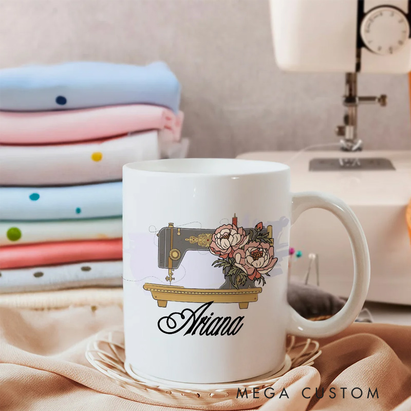 Personalized Birth Flower Sewing Machine Ceramic Coffee Mug with Name Home Kitchen Decor Birthday Gift for Mom Grandma Sewing Enthusiast