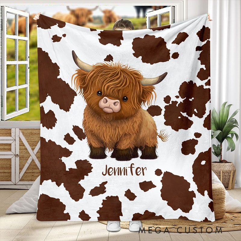 Personalized Highland Cow Blanket with Custom Name and Cute Farm Animal Design Perfect for Cozy Comfort Blanket