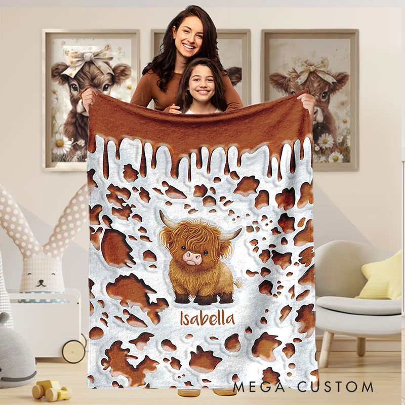 Personalized Highland Cow Blanket with Custom Name and Cute Farm Animal Design Perfect for Cozy Comfort Blanket Kids Family Gift