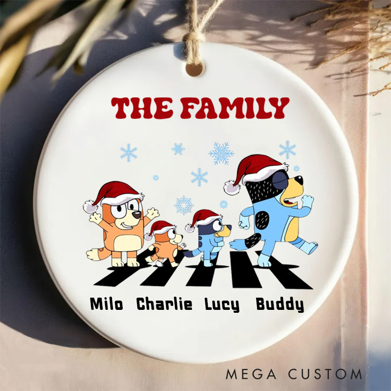 Personalized Name Christmas Ornament Cartoon Dog Family With Santa Hats Merry Christmas Holiday Sign