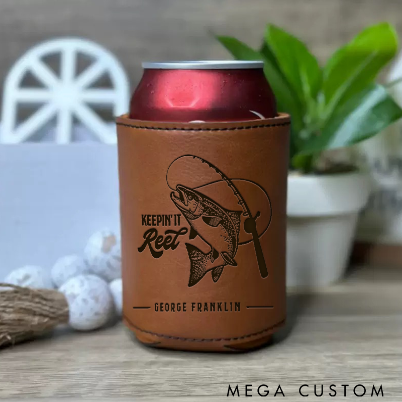 Personalized Leather Can Cooler Custom Engraved Fishing Design Insulated Drink Holder for Outdoor Adventures and Anglers Gifts