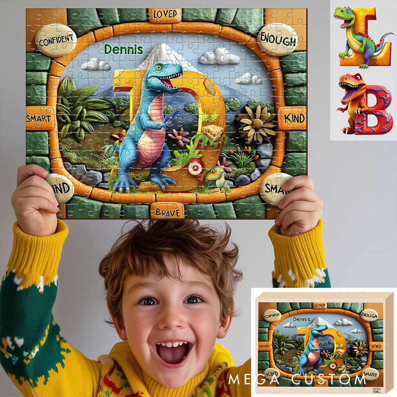 Personalized Dinosaur Name Puzzle with Custom Letter and Encouraging Words Perfect for Fun and Educational Playtime Kid Photo Puzzle