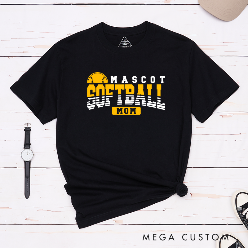 Personalized Softball Mom T-Shirt Design Featuring Custom Team Name Bold Gradient Typography Central Softball Graphic and Highlighted "Mom" Element