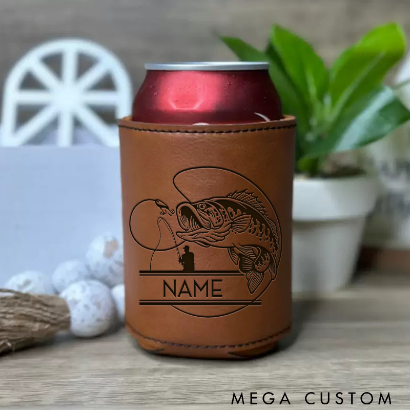 Personalized Leather Can Cooler Custom Fishing Cup Sleeve Custom Name Insulated Drink Holder for Anglers Perfect Gift for Fishing Enthusiasts