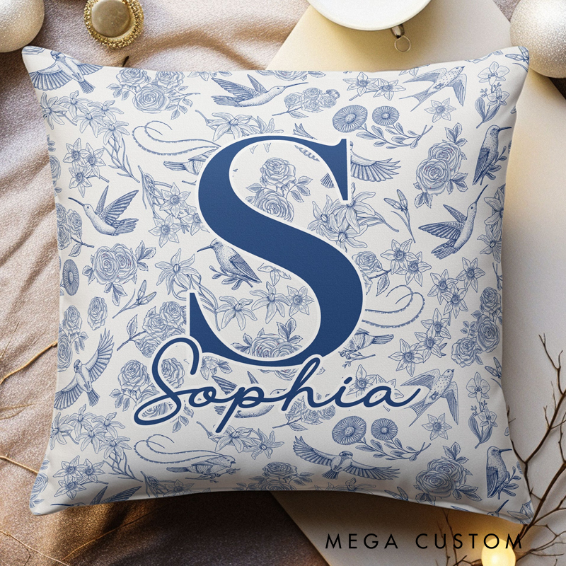 Personalized Toile De Jouy Floral Initial Pillow 