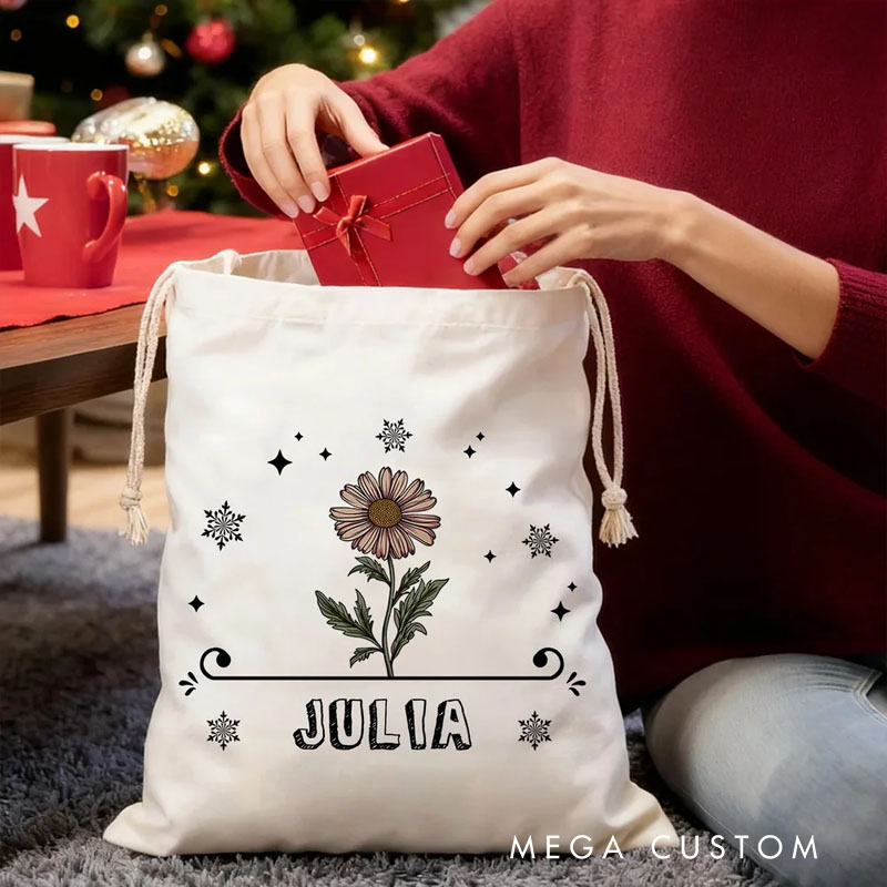 Personalized Birth Flower Drawstring Gift Bag with Name Birthday Anniversary Christmas Gift for Kids Family Friends