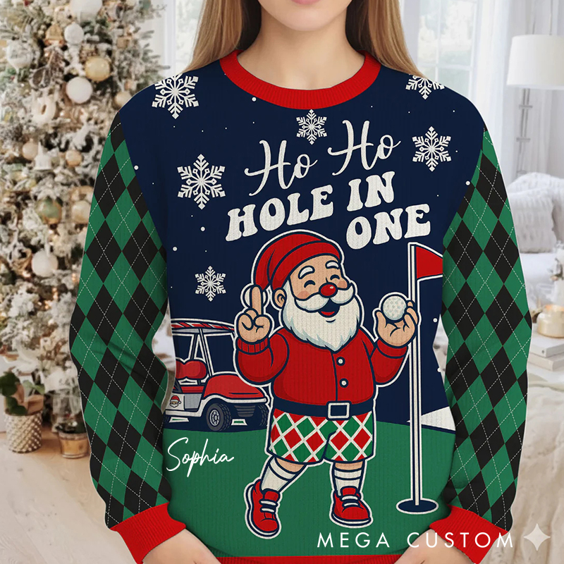 Personalized “Ho Ho Hole In One” Funny Santa Christmas Ugly Sweatshirt for Golf Enthusiasts