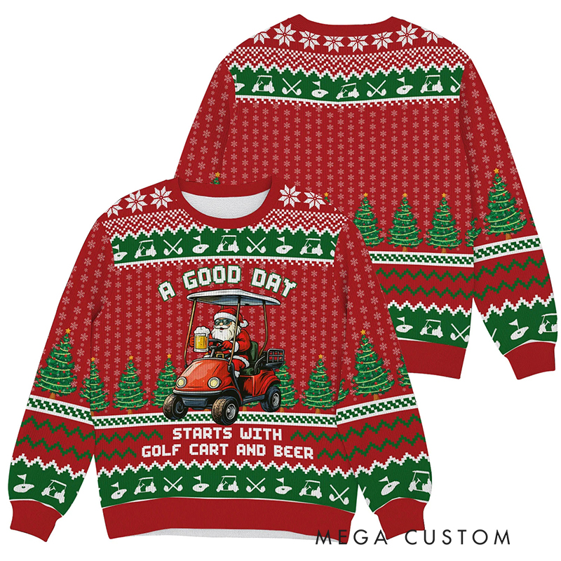 Personalized "A Good Day Starts with" Christmas Sweatshirt for Golf and Beer Lovers 