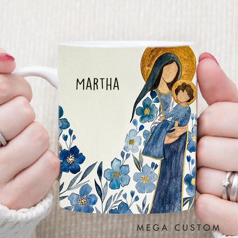 Personalized Virgin Mary 11oz 15oz Ceramic Mug with Name Mother Mary Coffee Cup Catholic Gift for Mom Mother's Day Christian Gift for Faithful Women