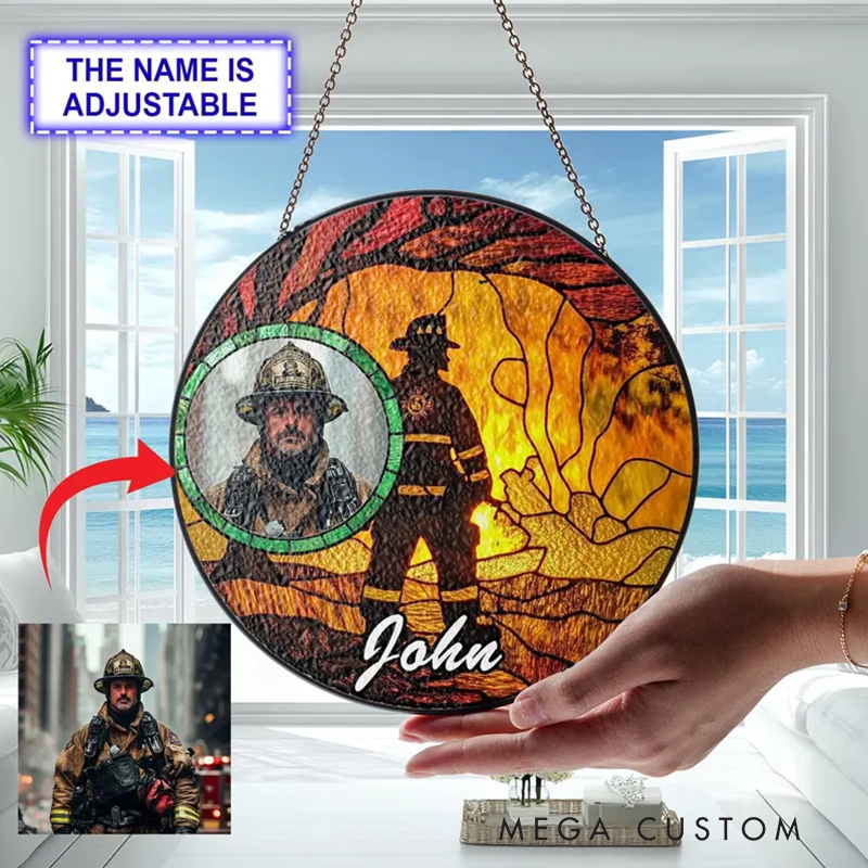 Personalized Firefighter Photo Stained Glass Suncatcher for Firefighter Medical Suncatcher Gift