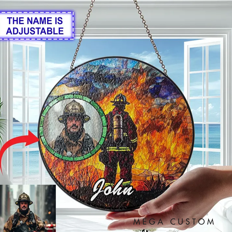Personalized Firefighter Photo Stained Glass Suncatcher for Firefighter Medical Suncatcher Gift