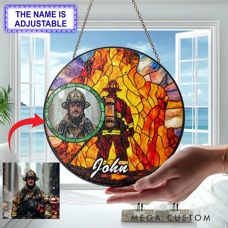 Personalized Firefighter Photo Stained Glass Suncatcher for Firefighter Medical Suncatcher Gift