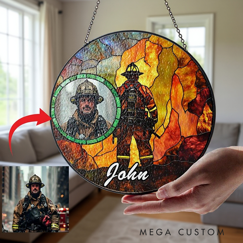 Personalized Firefighter Photo Stained Glass Suncatcher for Firefighter Medical Suncatcher Gift