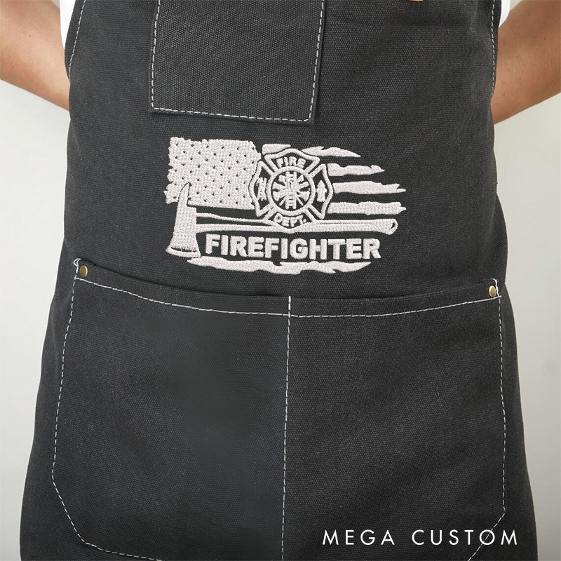 Personalized Firefighter Black Canvas Apron with Adjustable Straps and Pockets Gift for Firefighters and Everyday Use