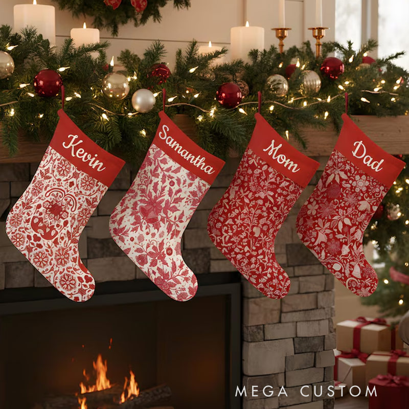 Personalized Red Toile Christmas Stockings Custom Vintage Toile De Jouy Santa Claus Name Stockings Holiday Mantel Decor
