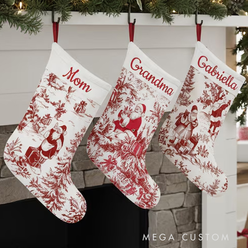 Personalized Red Toile Santa Family Christmas Stockings Custom Toile De Jouy Name Stockings Classic Christmas Decor 