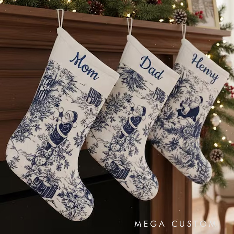 Personalized Blue Toile Christmas Stocking Custom Vintage Toile De Jouy Name Stockings Holiday Decor Gift