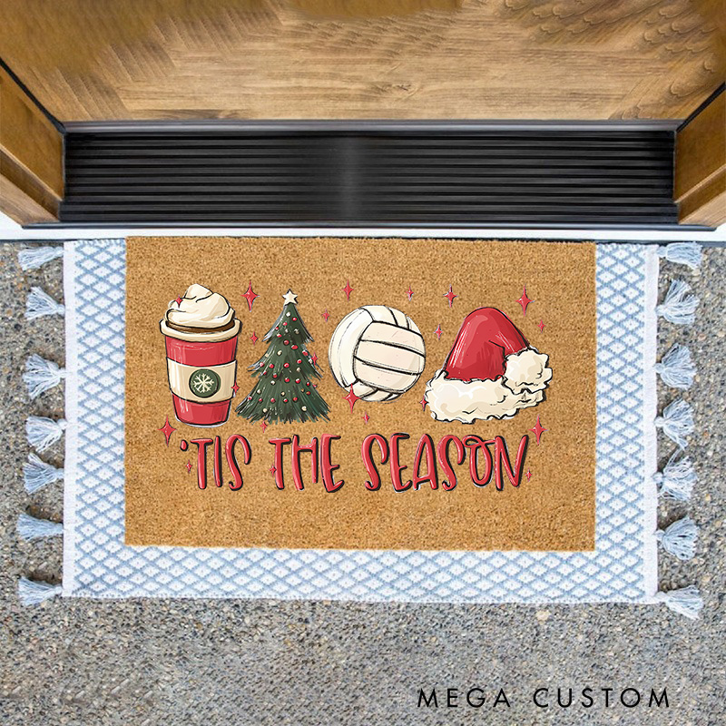 Personalized "Tis the Season" Christmas Doormat with Volleyball and Festive Icons  