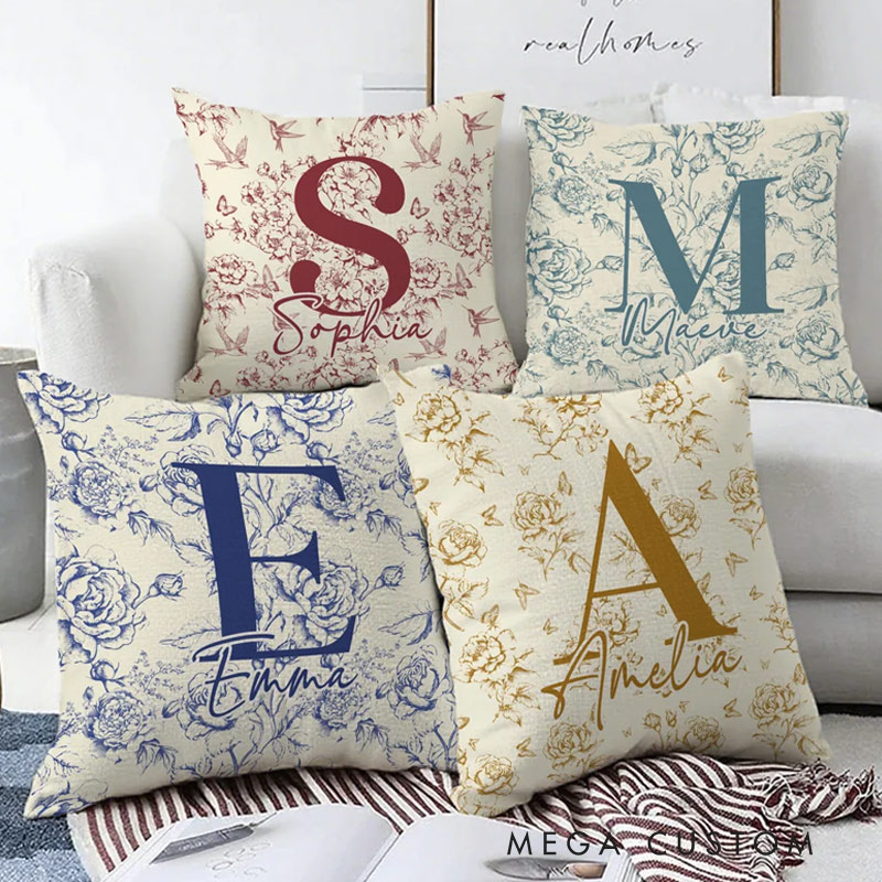 Personalized Pillow Cover with Floral Toile de Jouy Pattern Initial and Name Home Decoration Christmas Birthday Gift for Women