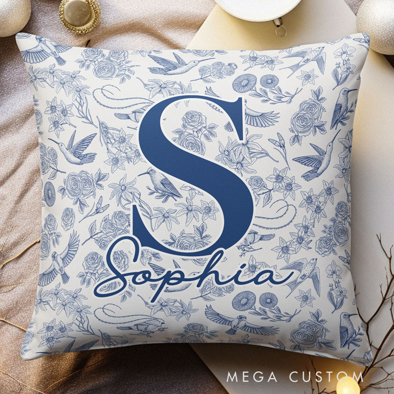 Personalized Pillow Cover Custom Toile De Jouy Floral Initial Name Home Decoration Christmas Birthday Gift for Women