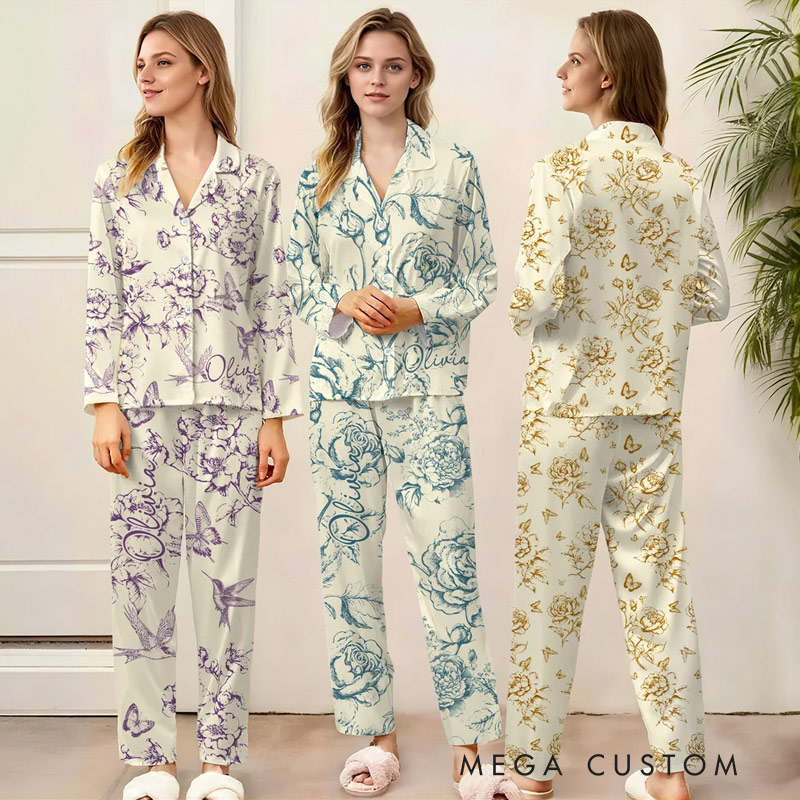 Personalized Rustic Flower Toile De Jouy Ladies Pajamas Set with Name Daily Use Birthday Gift for Women Mother's Day Gift