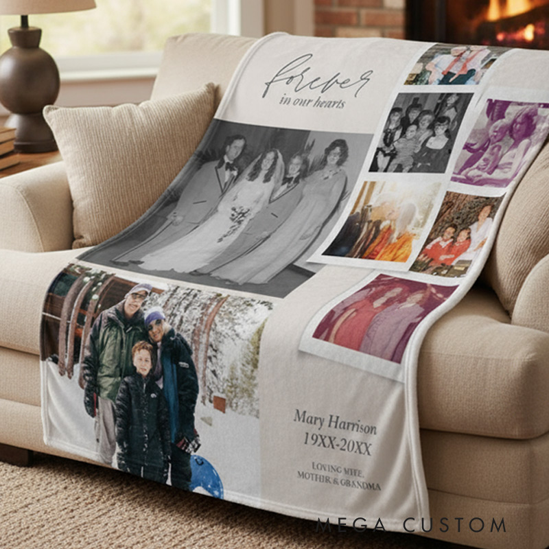 Personalized Memorial Filmstrip Fleece Photo Blanket Forever in Our Heart Sympathy Blanket for Family