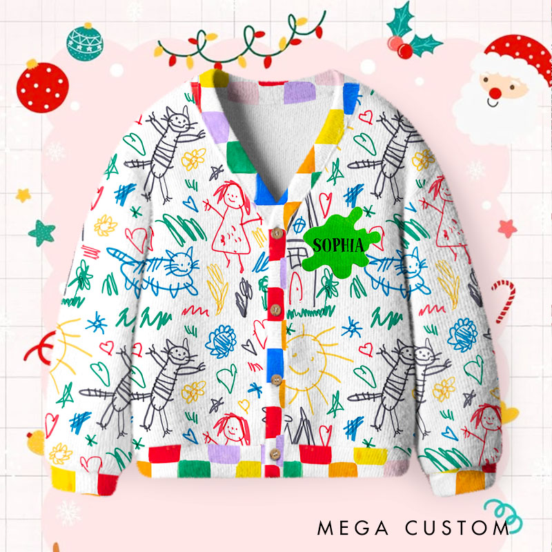 Personalized Colorful Doodle Cardigan with Custom Name Patch and Playful Childlike Illustrations Perfect for Creative Expression Cardigan Sweater