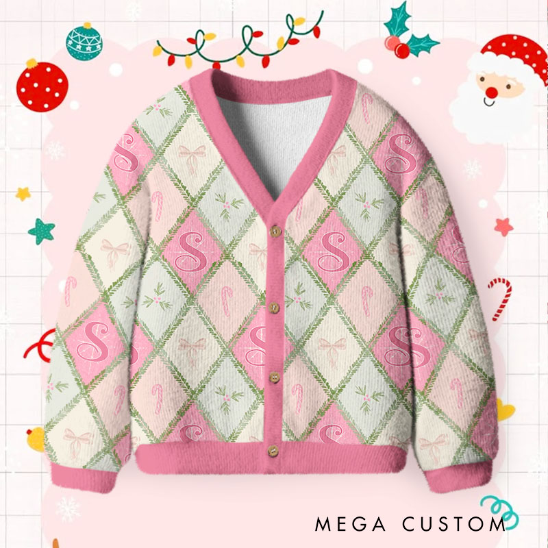 Personalized Argyle Pattern Cardigan with Custom Initials and Festive Holiday Accents Perfect for Stylish Seasonal Wear Cardigan Sweater