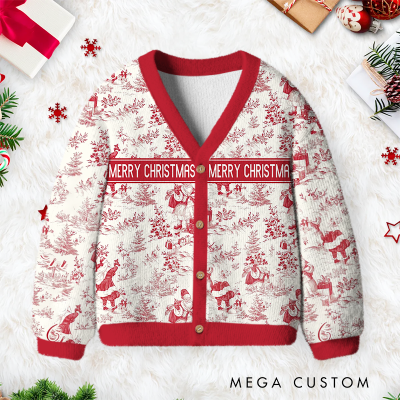Personalized Toile De Jouy Style Santa Claus Kids Christmas Cardigan Sweater
