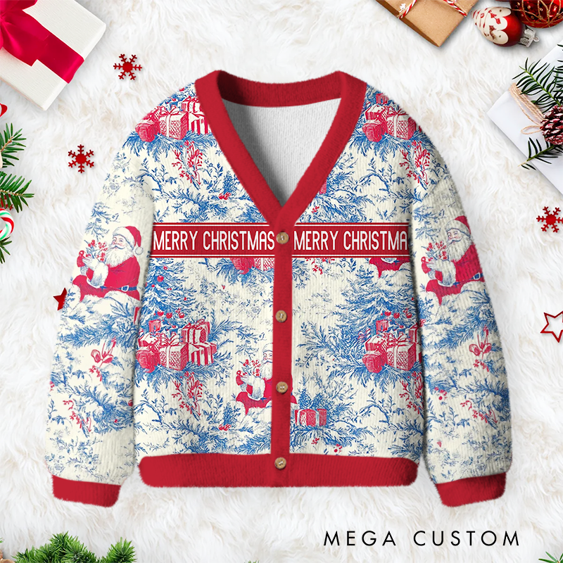 Personalized Toile De Jouy Style Santa Claus Kids Christmas Cardigan Sweater Christmas Gift