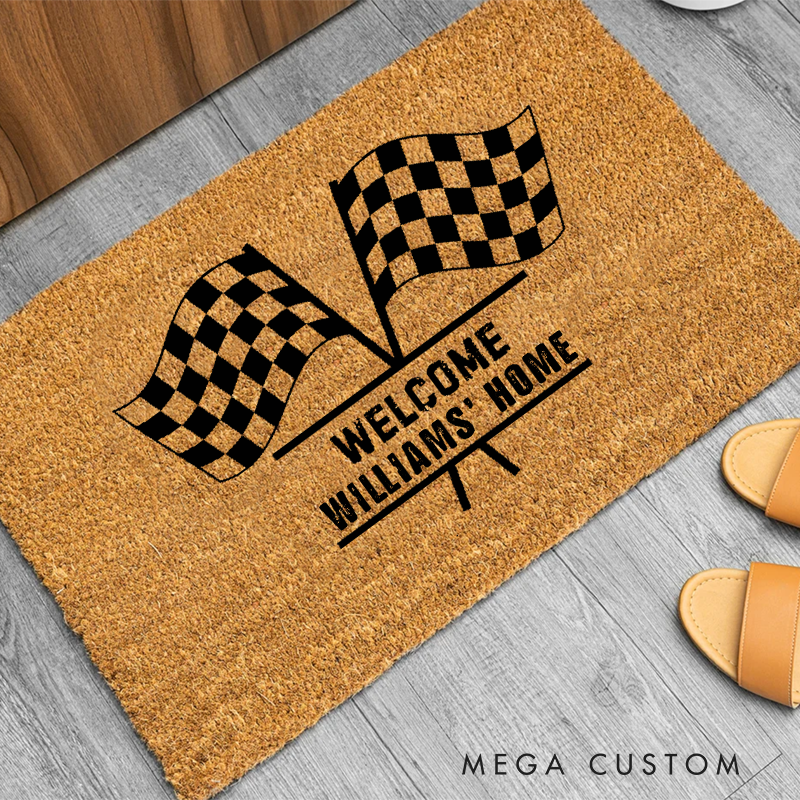 Personalized Doormat with Racing Flag Design Thoughtful Gift for Racer and Racing Lovers