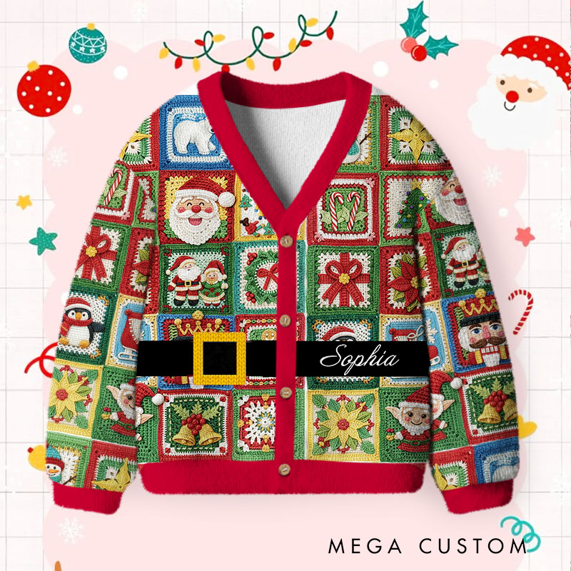 Personalized Festive Flat Printing Cardigan with Custom Name Belt and Colorful Holiday Motifs Perfect for Cheerful Celebrations Cardigan Sweater