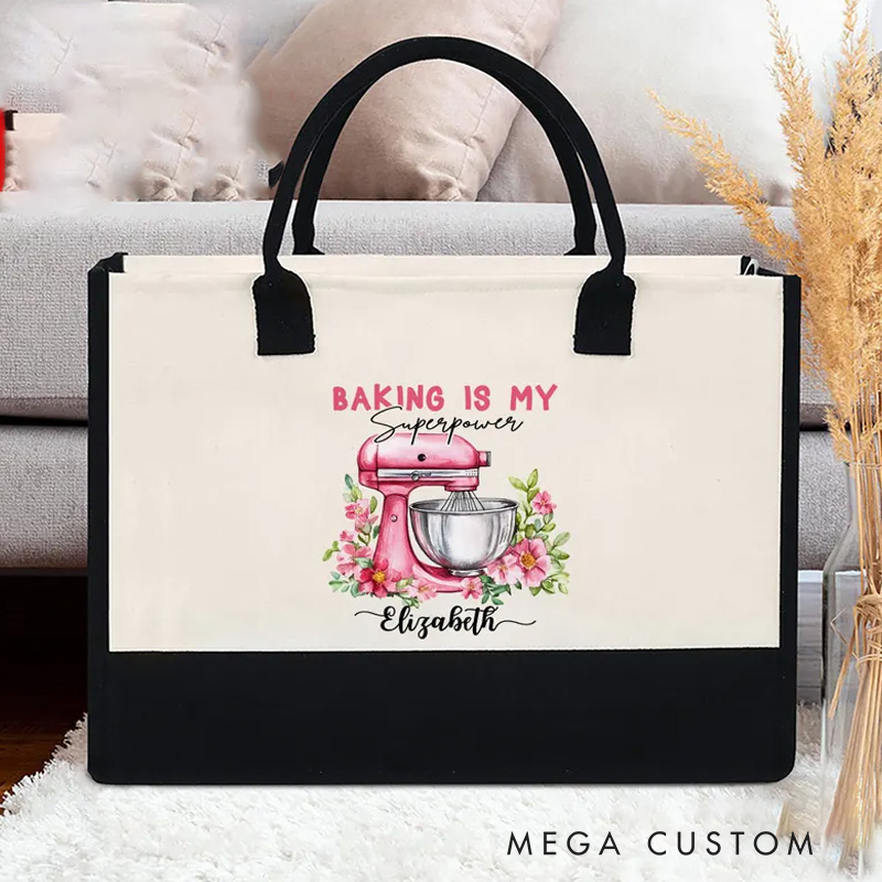 Personalized Baking is My Superpower Tote Bag with Name Baking Floral Mixer Bag Gift for Baker Mom Her Grandma Mom Chef Tote Bag for Baking Lovers