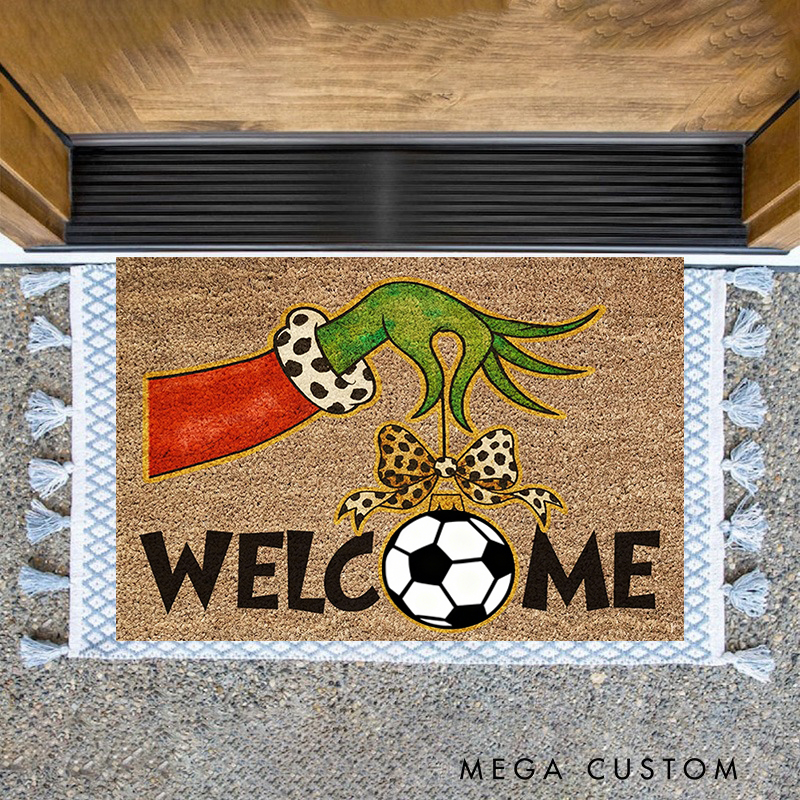 Personalized Grinch Themed Welcome Doormat with Soccer and Bow Design 
