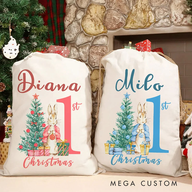 Personalized First Christmas Santa Claus Peter Rabbit Drawstring Canvas Gift Bag with Name Christmas Gift for Baby Family