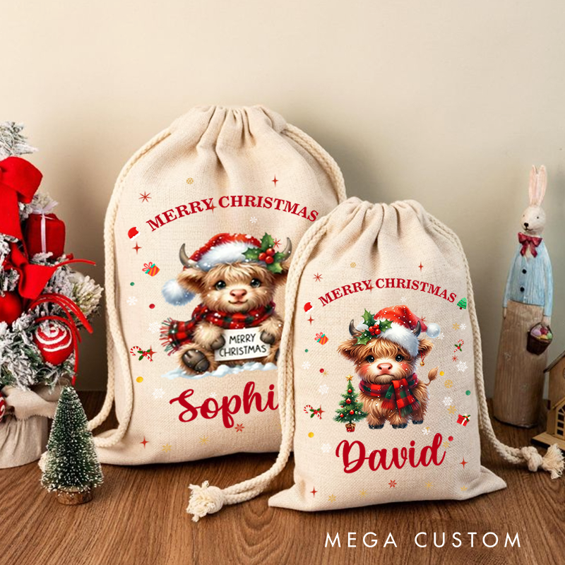 Personalized Cartoon Christmas Hat Highland Cow Christmas Bag with Name Christmas Gift for Family Friends