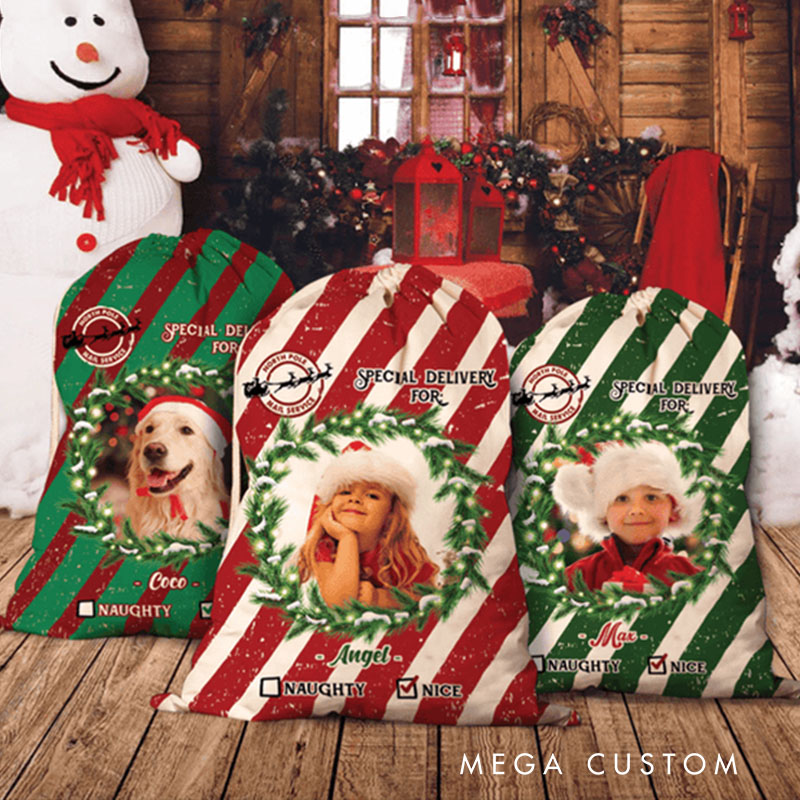 Personalized Festive Striped Christmas Bag with Custom Photo and Name Perfect for Holiday Gift Giving and Celebrations Christmas Bag