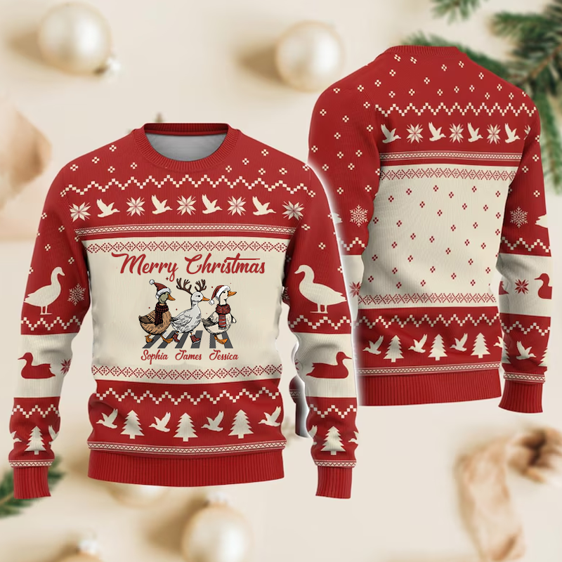 Personalized Name Ugly Sweater Duck Merry Christmas Ugly Sweater Funny Duck Christmas Shirt for Women Animal Xmas Sweater Funny Gift