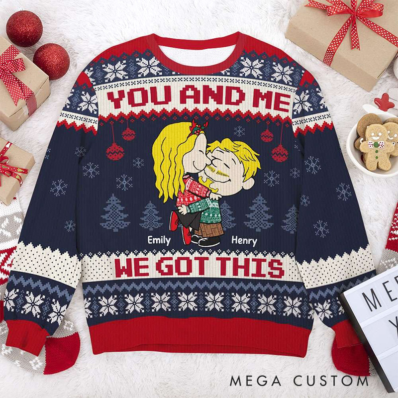 Personalized You And Me Cartoon Hugging Couple Anime Christmas Ugly Sweater Movie Lover Christmas Gift for Boyfriend Girlfriend Wife Husband