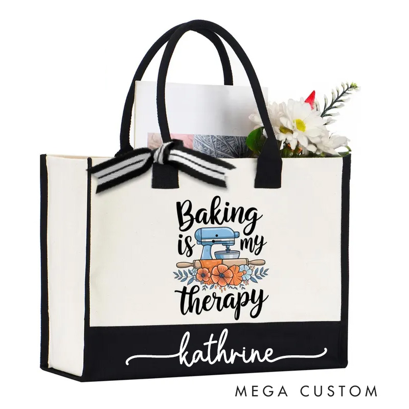 Personalized Baking Is My Therapy Tote Bag with Name Floral Canvas Bag for Her Baker Mom Grandma Mom Chef Tote Bag for Baking Lovers