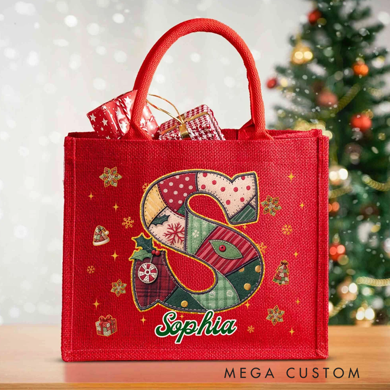 Personalized Stitching Style Initial Large Capacity Red Jute Tote Bag with Name Christmas Party Gift for Kids Women
