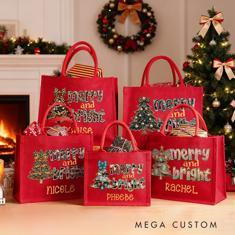 Personalized Merry and Bright Leopard-Print Bow Christmas Tree Large Jute Tote Bag with Name Daily Use Christmas Gift for Family Friends