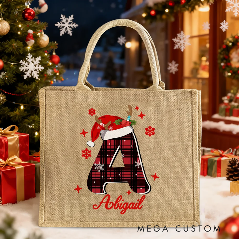 Personalized Santa Hat Red Plaid Initial Jute Tote Bag with Name Christmas Party Gift for Kids Family
