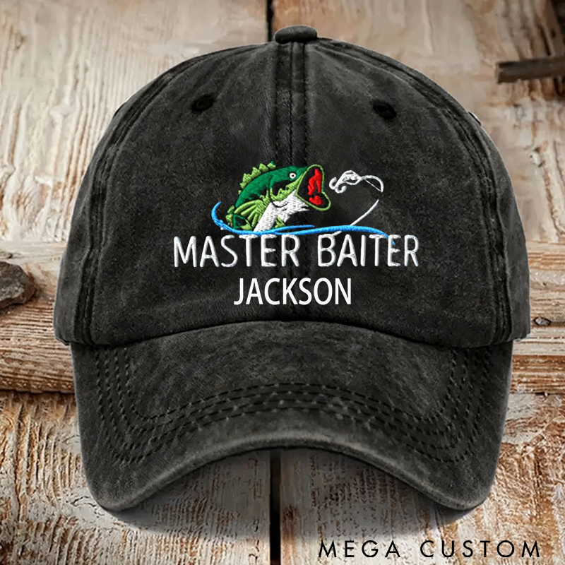 Personalized Master Baiter Fishing Hat Embroidered Bass Fishing Hat Master Baiter Fisherman Dad Hat Custom Name Funny and Personalized Cap for Fishing Enthusiasts