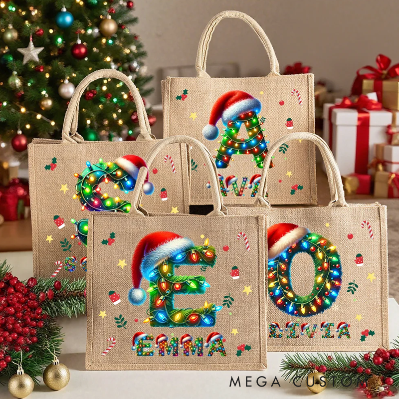 Personalized Christmas Lights Santa Hat Large Capacity Jute Tote Bag with Initial and Name Daily Use Christmas Party Gift for Kids Adults