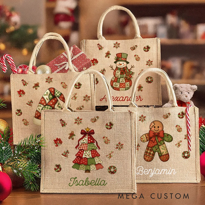 Personalized Patchwork Element Christmas Tree Santa Claus Large Jute Tote Bag with Name Christmas Gift for Family Kids