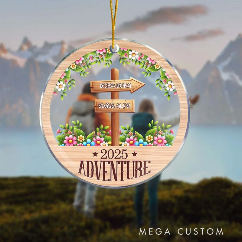 Personalized Adventure Signposts Flower Acrylic Hanging Ornament with Year and Travel Destinations Christmas Birthday Gift for Travel Adventure Lovers